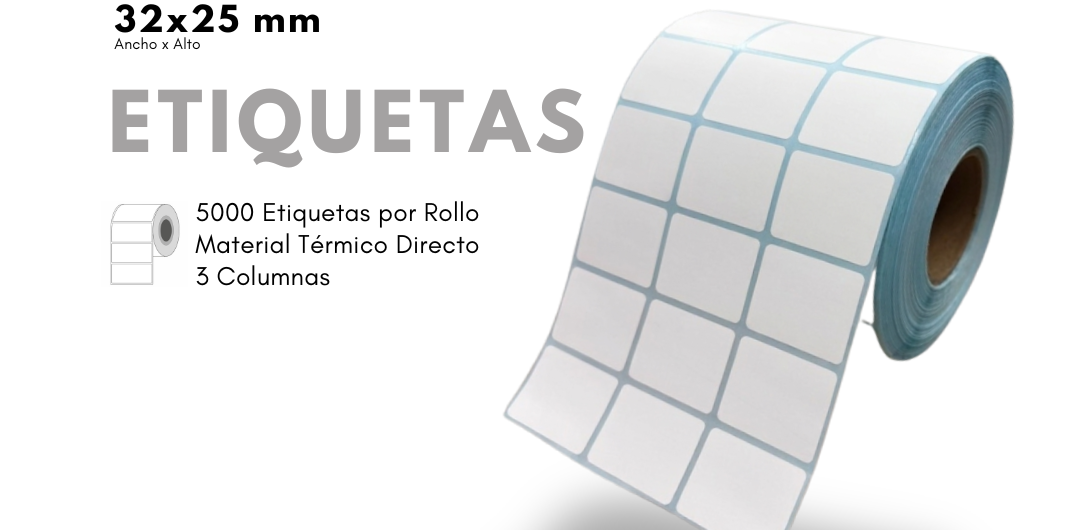 Rollo de Etiquetas Térmica Directa 32x25mm – 5.000 Unidades (3 Columnas)