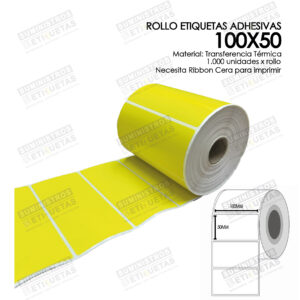 Rollo de Etiquetas Adhesivas 100x50 Transferencia Térmica (TT) Amarillo