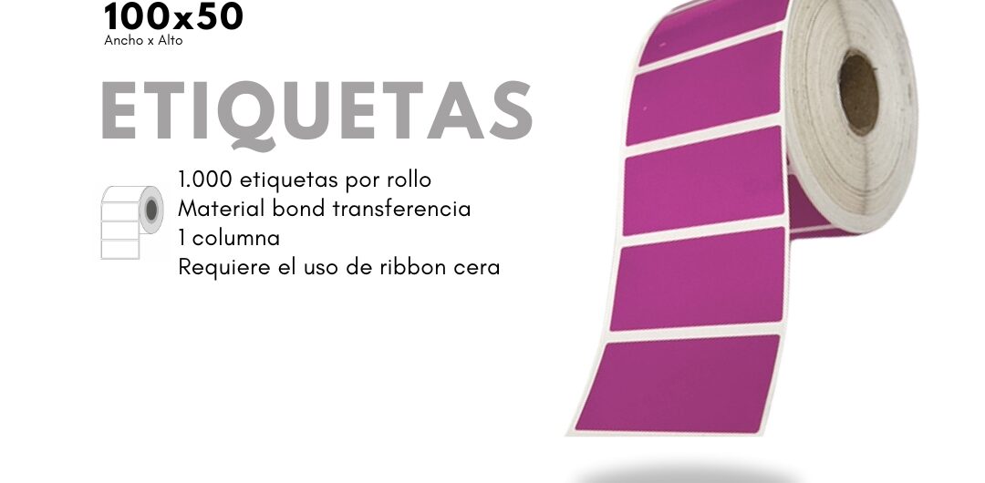 Rollo de 1000 etiquetas adhesivas 100x50 fucsia transferencia termica
