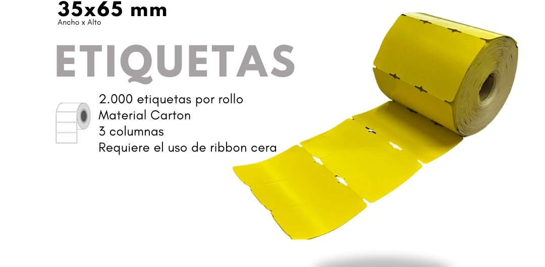 Rollo de etiquetas de carton amarillo 35x65 en tres columnas para gondolas