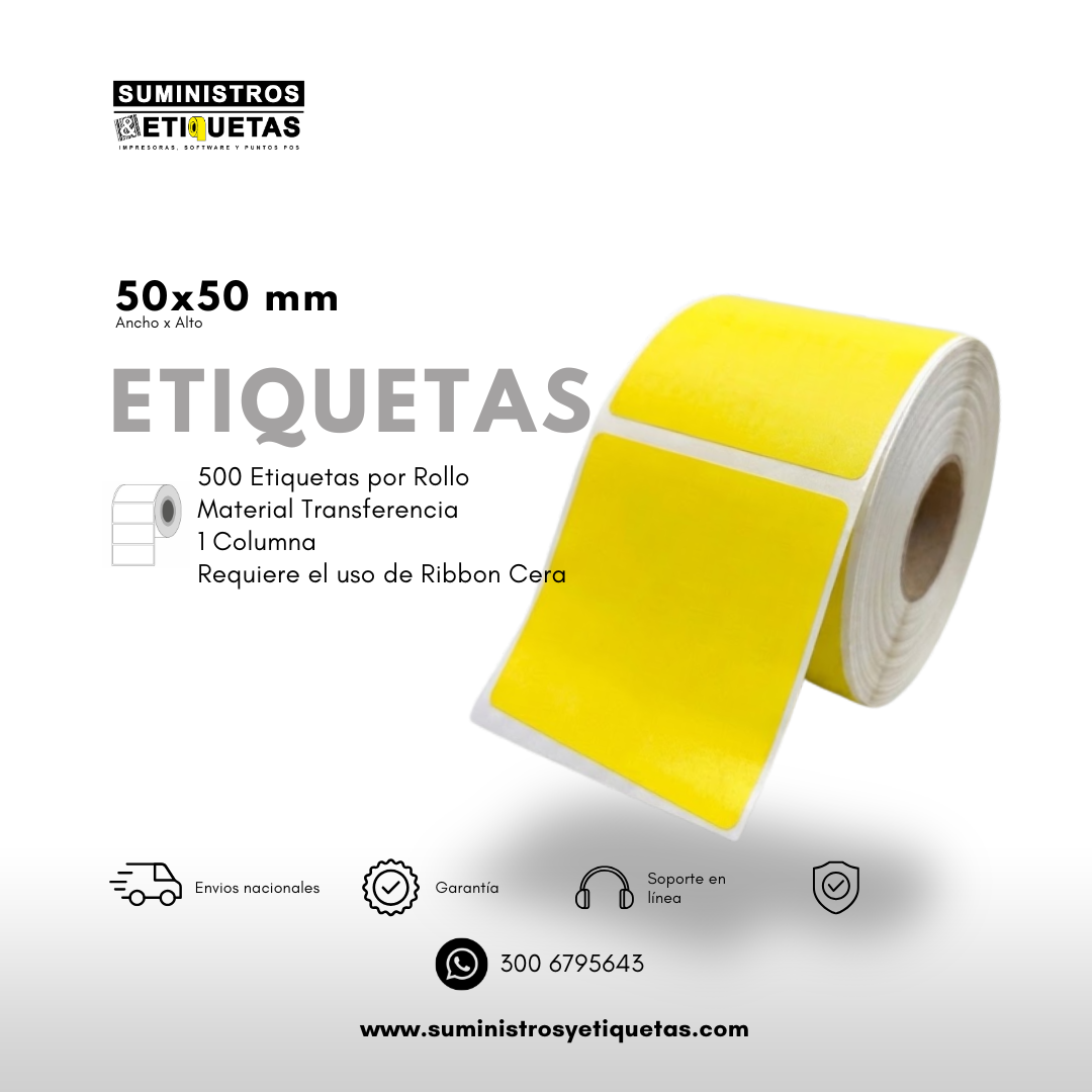 Rollo de Etiquetas Adhesivas Amarillas 50x50mm – Transferencia Térmica