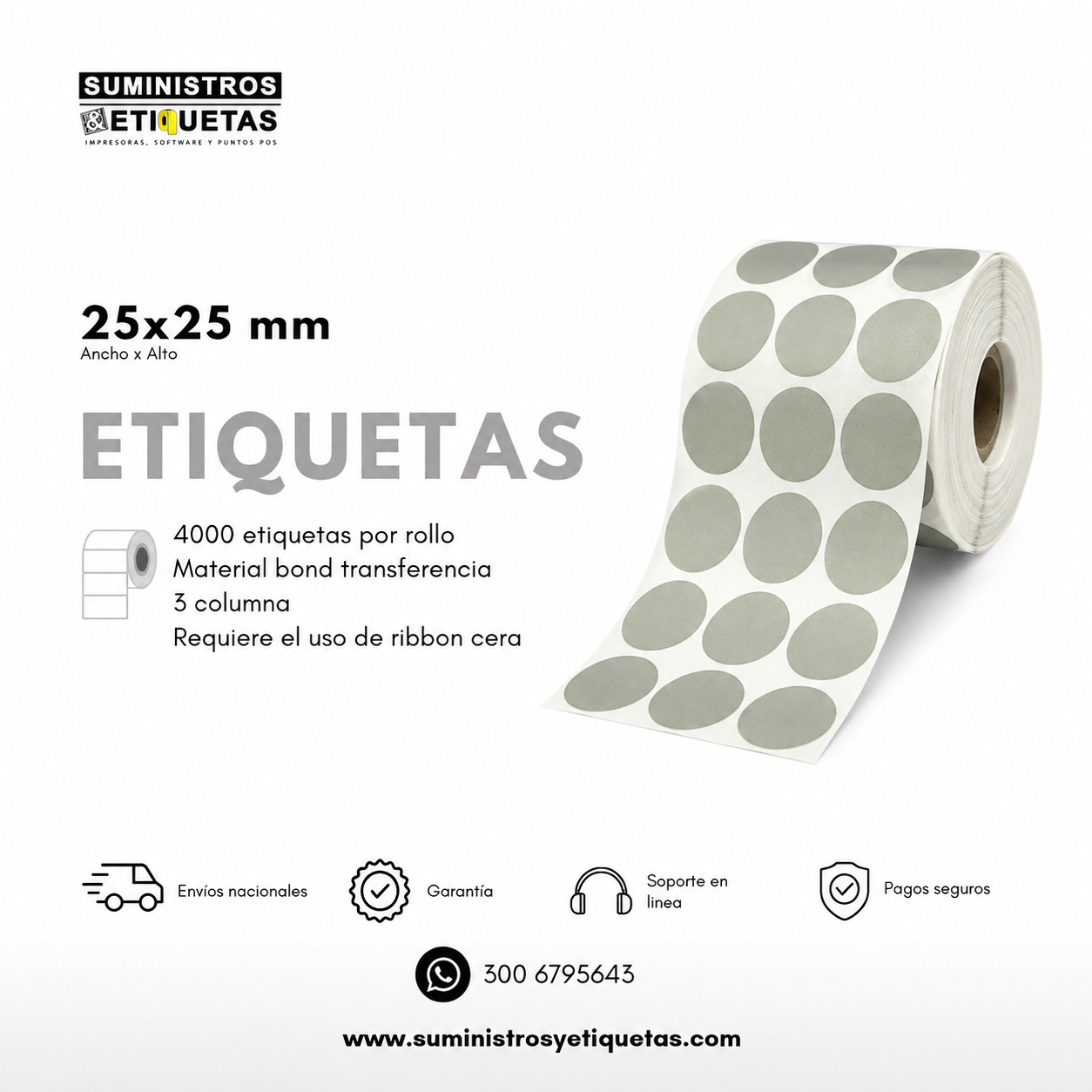 Rollo de Etiquetas Adhesivas Circulares 25x25mm – Gris (TT)