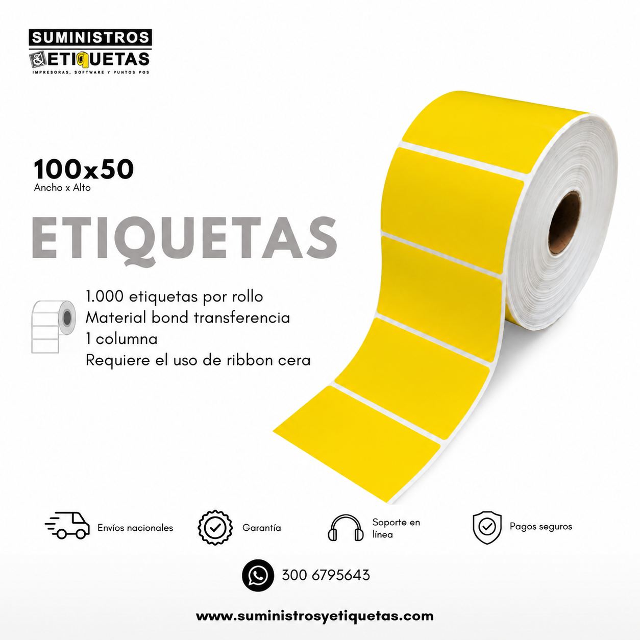 Rollo de Etiquetas Adhesivas Amarillas 100x50mm – Transferencia Térmica