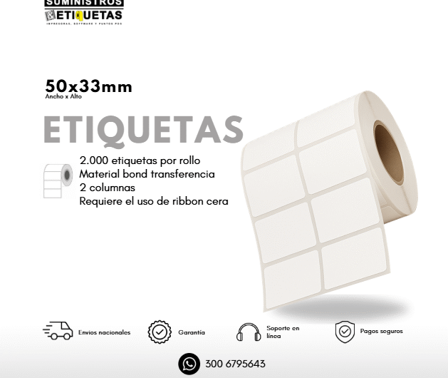 Rollo de Etiquetas Adhesivas 50x33 mm – Transferencia Térmica (Blanca)